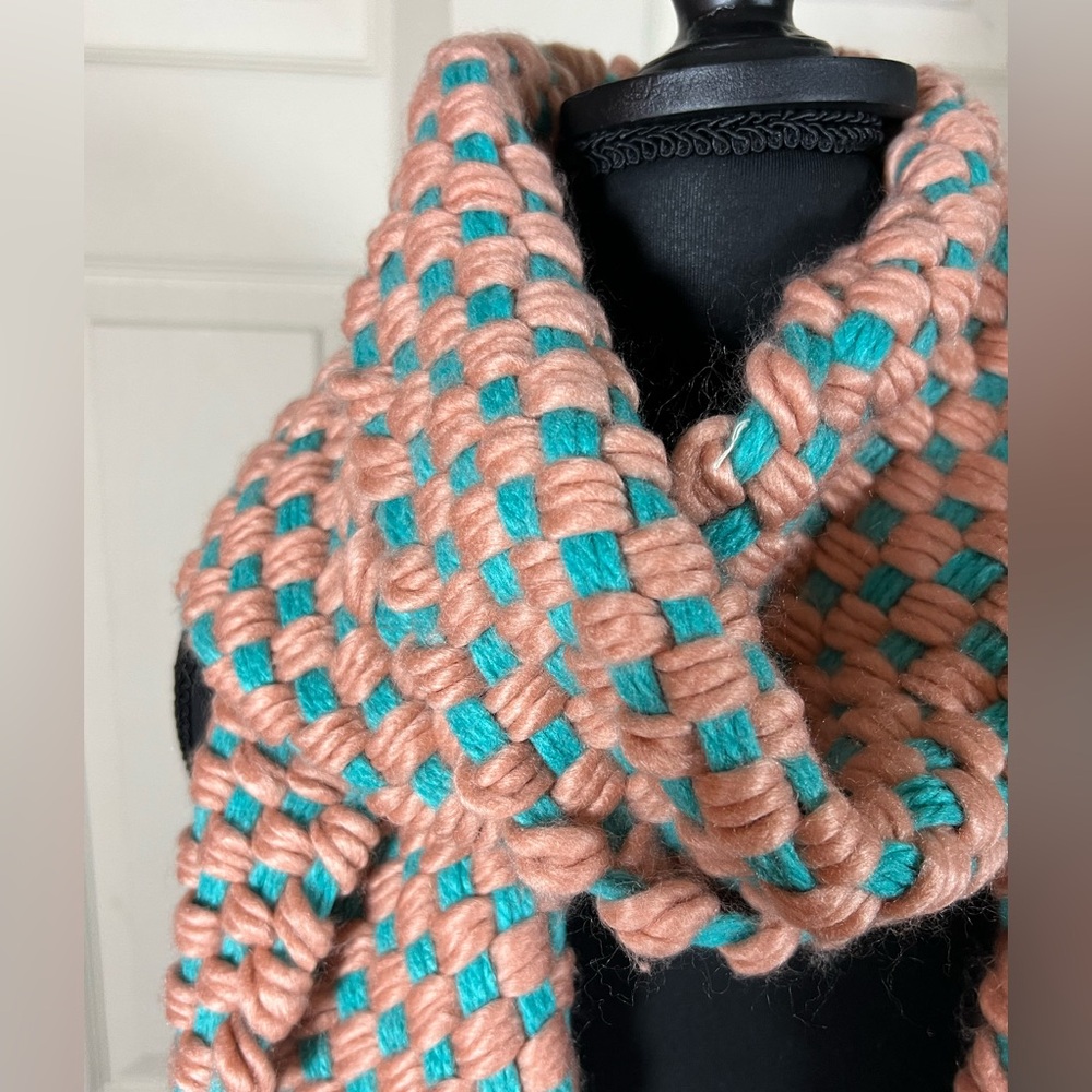 Anthropologie Woven Knit Scarf in Teal and Peach - Picture 2 of 3